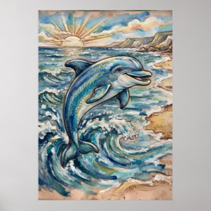 Affiche aquarelle dauphin vague océan