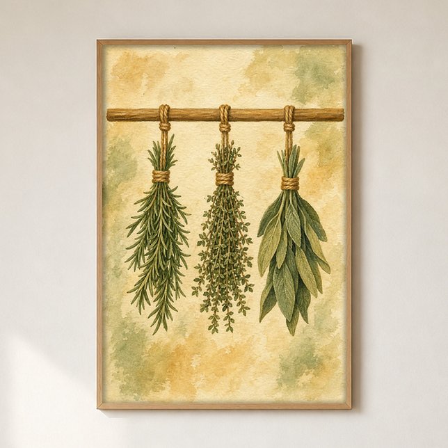 Affiche aquarelle de bouquets d'herbes suspendus (Shown framed for scale. Poster ships unframed; frames are an optional add-on.)