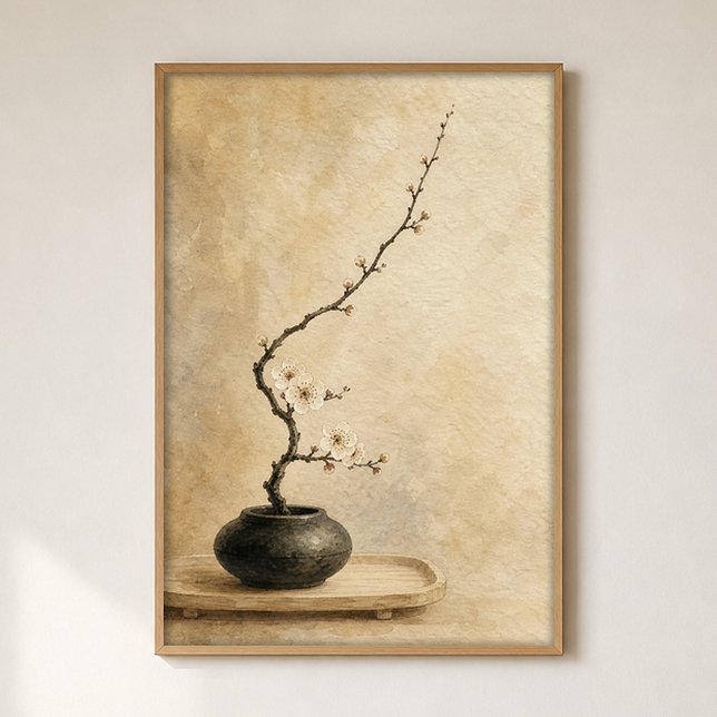Affiche aquarelle de branche Ikebana dans un vase  (Shown framed for scale. Poster ships unframed; frames are an optional add-on.)