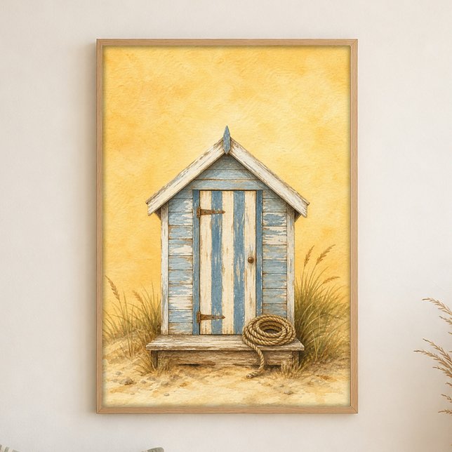 Affiche aquarelle de cabane de plage avec porte ra (Shown framed for scale. Poster ships unframed; frames are an optional add-on.)