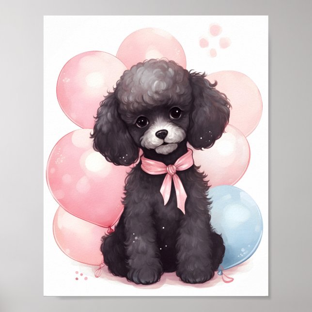 Affiche Aquarelle de caniche noire mignonne Chien adorable (Devant)