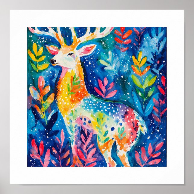 Affiche Aquarelle de cerfs hivernaux colorés (Devant)