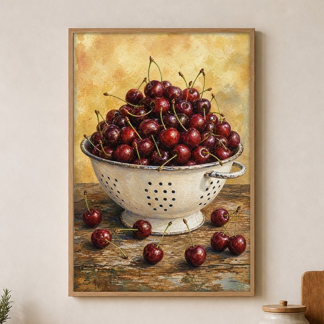 Affiche aquarelle de cerises dans un passoire (Shown framed for scale. Poster ships unframed; frames are an optional add-on.)