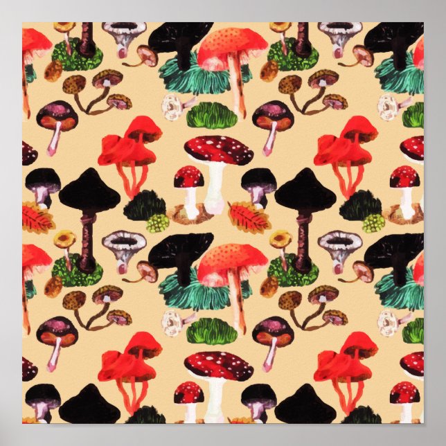 Affiche Aquarelle de champignon d'automne rétro (Devant)