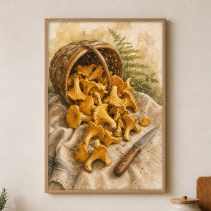 Affiche aquarelle de chanterelles dans un panier d