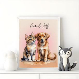 Affiche Aquarelle de chat et chien mignonne