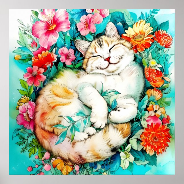 Affiche Aquarelle de chat Fleur de prairie Bliss (Devant)