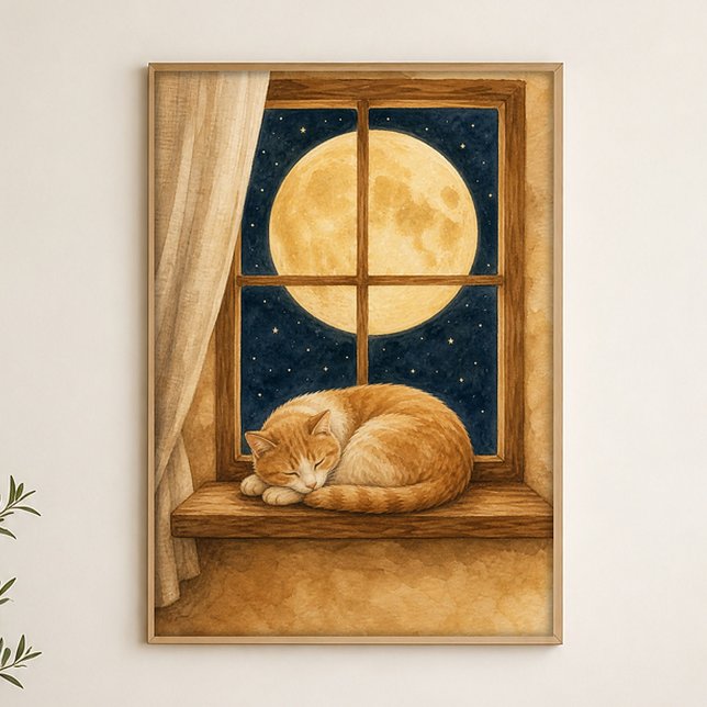 Affiche aquarelle de chat sur un rebord de fenêtre (Shown framed for scale. Poster ships unframed; frames are an optional add-on.)