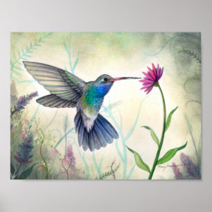 Affiche Aquarelle de colibri et de fleurs de nectar doux