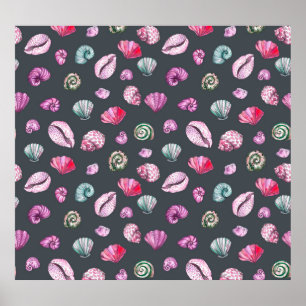 Affiche Aquarelle de coquillage : Motif bleu foncé