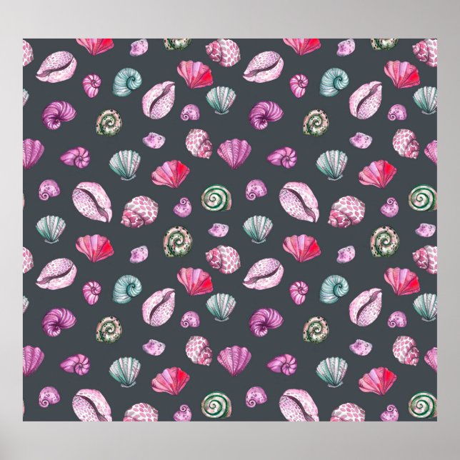 Affiche Aquarelle de coquillage : Motif bleu foncé (Devant)