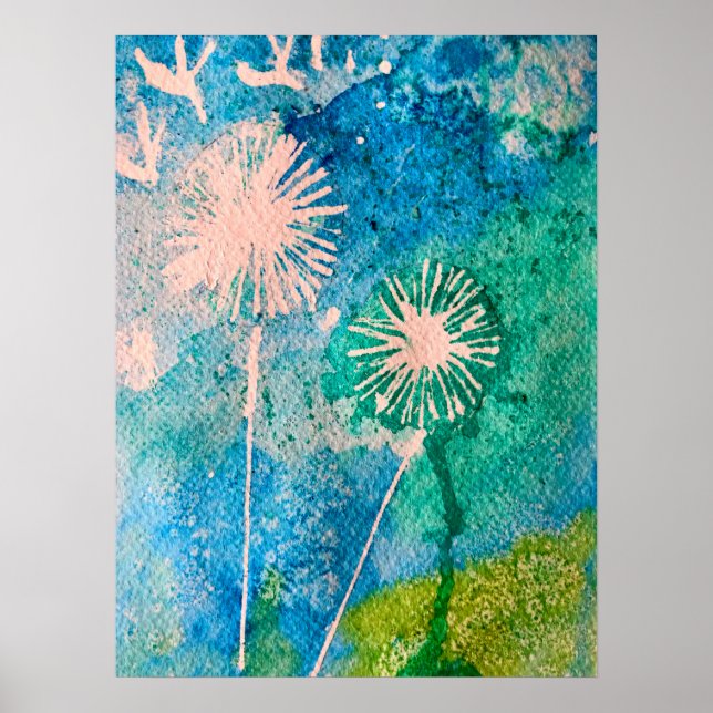 Affiche Aquarelle de Dandelion bleu et vert abstrait (Devant)