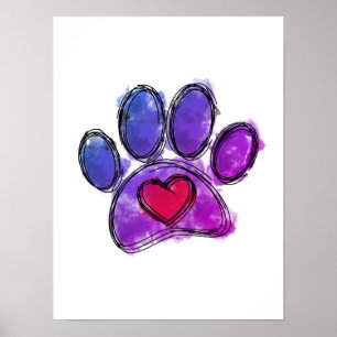 Affiche Aquarelle de dessin Amoureux des chiens bleu et vi