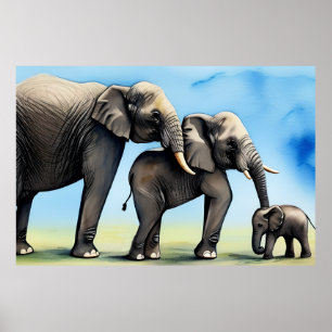 Affiche Aquarelle de famille Eléphant mignonne