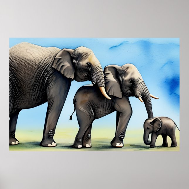 Affiche Aquarelle de famille Eléphant mignonne (Devant)
