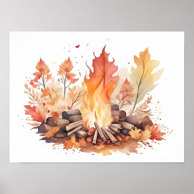 Affiche Aquarelle de feu de camp automnal (Devant)