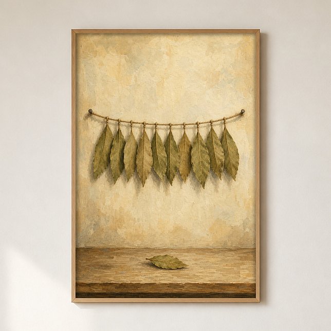 Affiche aquarelle de feuilles de laurier sur une f (Shown framed for scale. Poster ships unframed; frames are an optional add-on.)