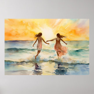 Affiche Aquarelle de filles marchant sur la plage