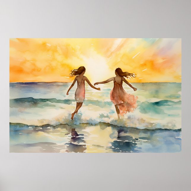 Affiche Aquarelle de filles marchant sur la plage (Devant)