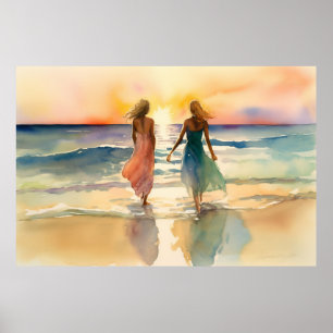 Affiche Aquarelle de filles marchant sur la plage