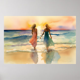 Affiche Aquarelle de filles marchant sur la plage