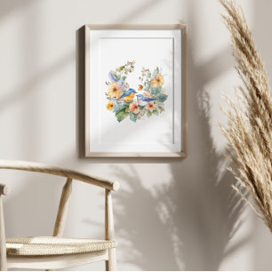 Affiche Aquarelle de fleurs et d'oiseaux