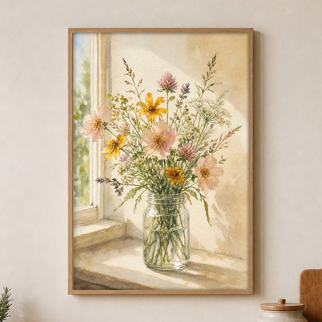 Affiche aquarelle de fleurs sauvages dans un pot (Shown framed for scale. Poster ships unframed; frames are an optional add-on.)