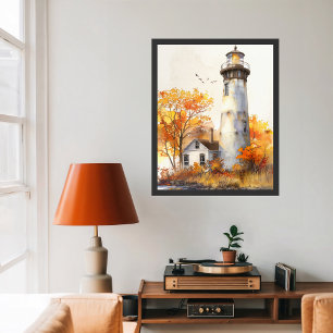 Affiche Aquarelle de la côte vibrante d'automne phare d'au