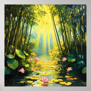 Affiche Aquarelle de la forêt de Lotus Bamboo d'or