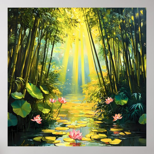 Affiche Aquarelle de la forêt de Lotus Bamboo d'or (Devant)