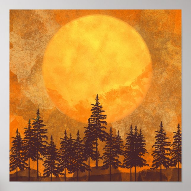 Affiche aquarelle de la forêt sous la pleine lune (Devant)