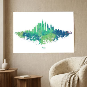 Affiche Aquarelle de la skyline de Chicago Bleu Vert Art d