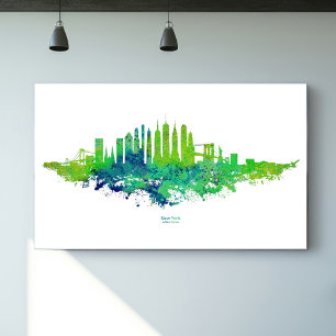 Affiche Aquarelle de la skyline de New York en bleu et ver