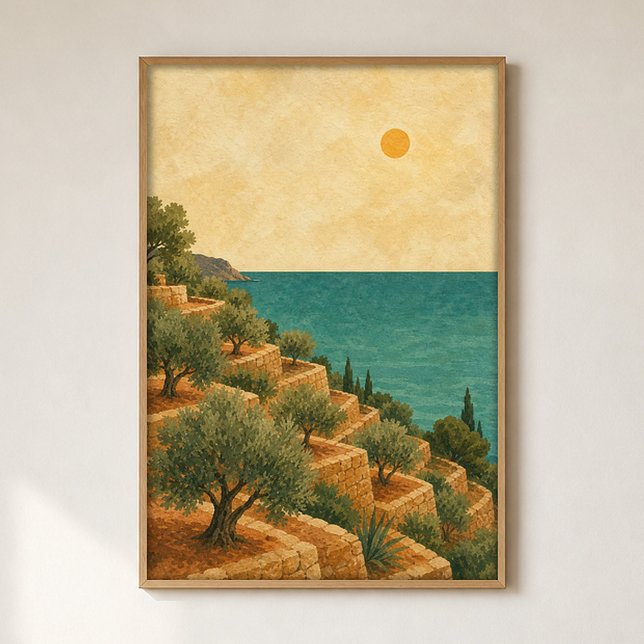 Affiche aquarelle de la terrasse du bosquet d'oliv (Shown framed for scale. Poster ships unframed; frames are an optional add-on.)