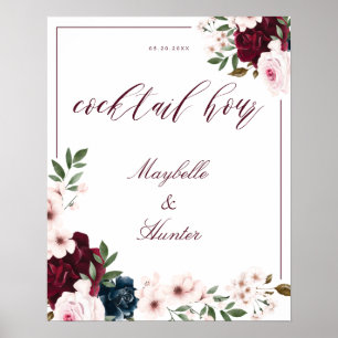 Affiche Aquarelle de l'heure du cocktail Burgundy Navy Flo