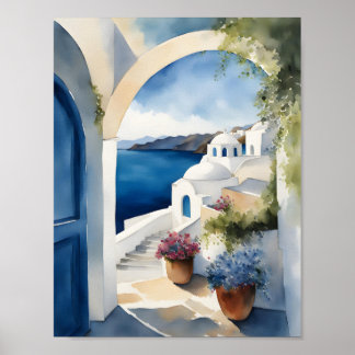 Affiche Aquarelle de l'île de Santorin Grèce