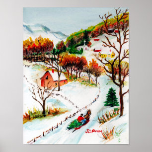 Affiche Aquarelle de Noël de montagne de tour de Sleigh