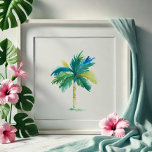 Affiche Aquarelle de palmiers tropicaux<br><div class="desc">Parfait pour les chambres, les bureaux et les espaces de vie dans votre maison de plage côtière. Cette impression tropicale présente une reproduction de mon art original peint à la main dans les tons bleus, verts et turquoise. Pour en savoir plus sur l'art tropical de Victoria Grigaliunas de Do Tell...</div>