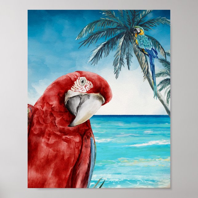 Affiche Aquarelle de perroquet macaw Scarlet Tropical (Devant)