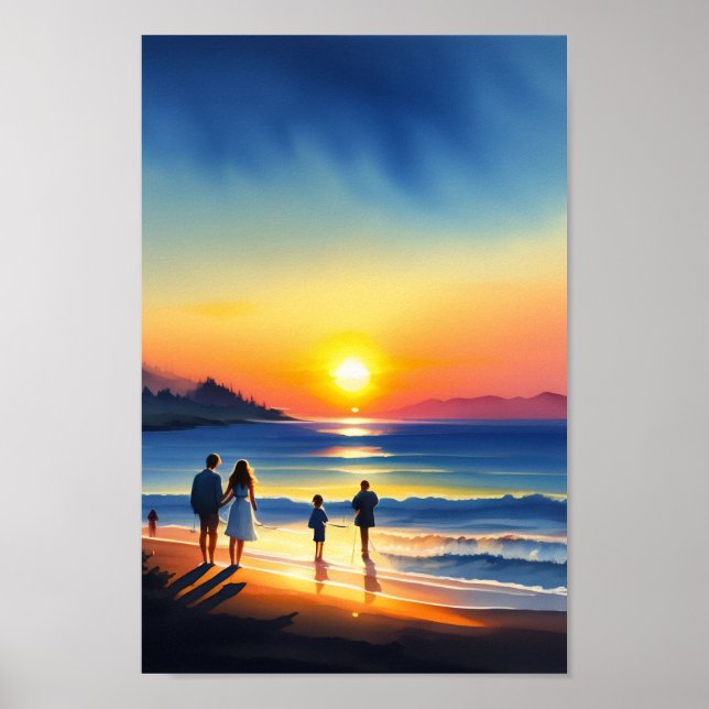 Affiche Aquarelle de plage familiale Sunset (Devant)