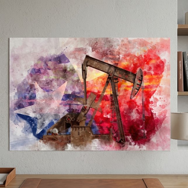 Affiche Aquarelle de pompe à huile du Texas avec art du dr (Texas Pumpjack Watercolor with Texas Flag Art. Poster)