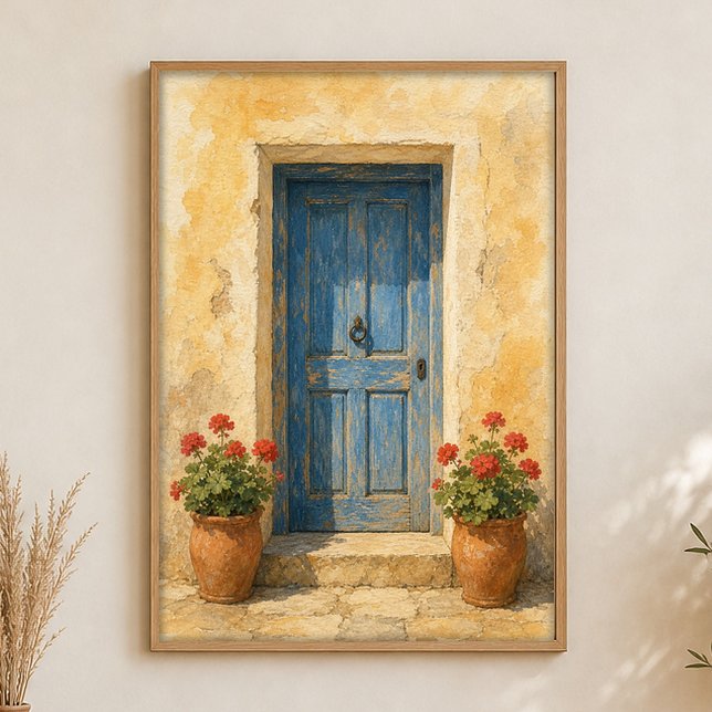 Affiche aquarelle de porte bleue avec pots de géra (Shown framed for scale. Poster ships unframed; frames are an optional add-on.)