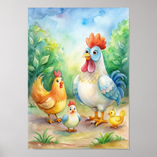 Affiche Aquarelle de poulet fantaisiste