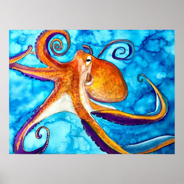 Affiche Aquarelle de poulpe sous l'art marin (Devant)