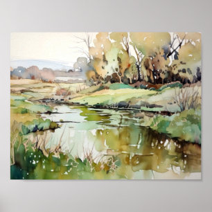 Affiche Aquarelle de rivière rurale