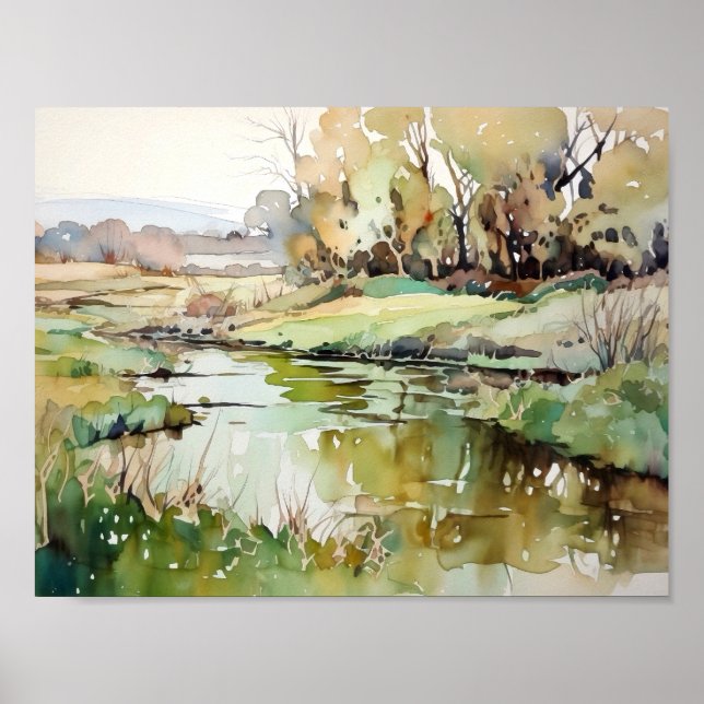 Affiche Aquarelle de rivière rurale (Devant)