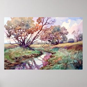 Affiche Aquarelle de rivière rurale