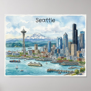 Affiche Aquarelle de Seattle, Washington, Art de Voyage su