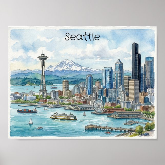 Affiche Aquarelle de Seattle, Washington, Art de Voyage su (Devant)