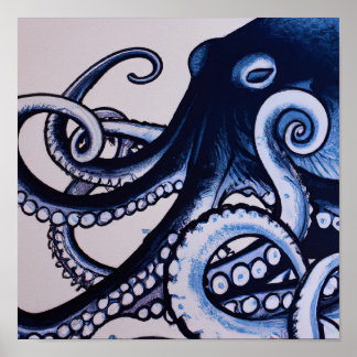 Affiche Aquarelle de style japonais moderne bleu octopus
